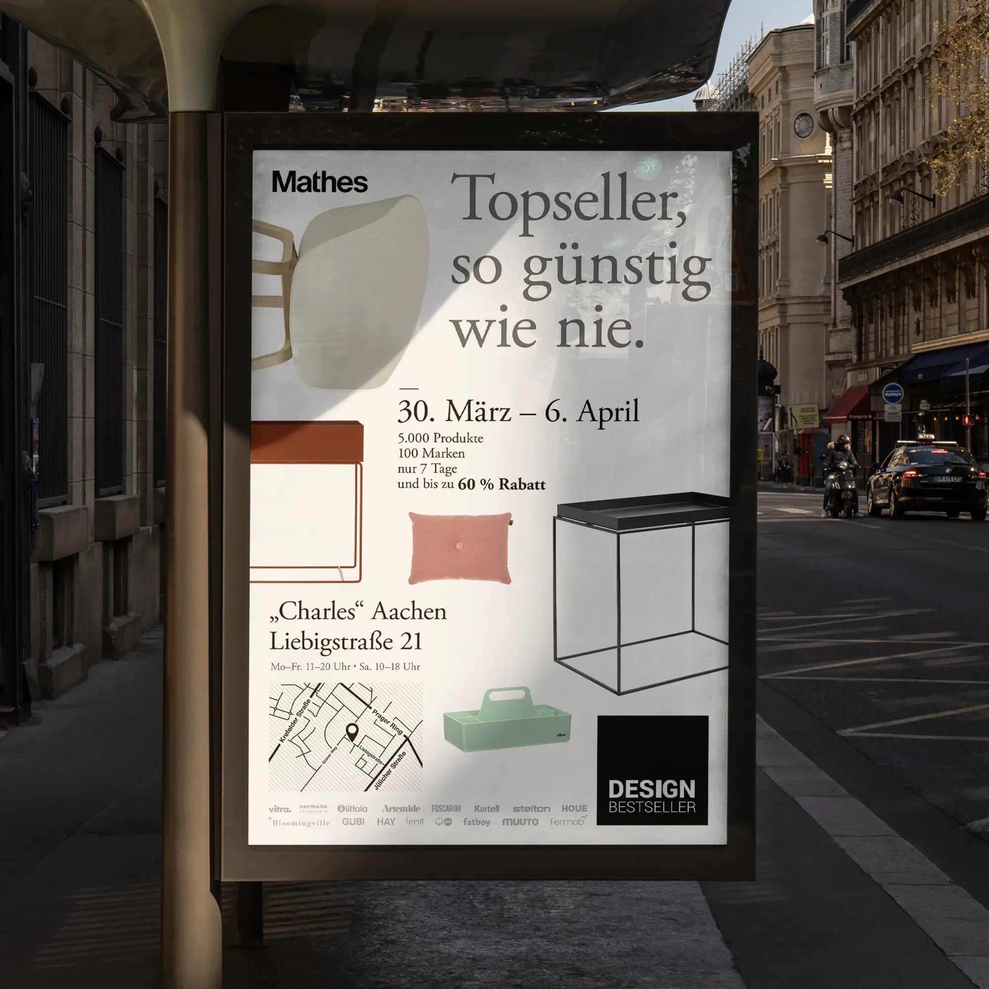 A Bus stop ad showcasing some design furniture for Design Bestseller.